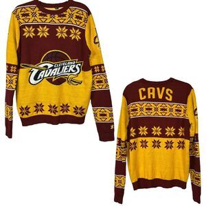 Cleveland Cavaliers Sweater Mens L Red Yellow‎ NBA Basketball Knit AOP Geometric